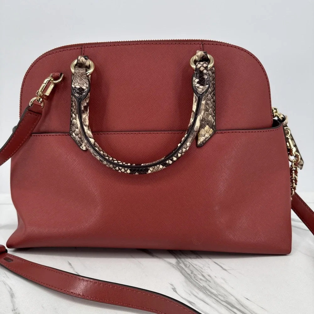 Michael Kors Hudson Large Leather Dome Satchel Terracotta Snakeskin Chic Set